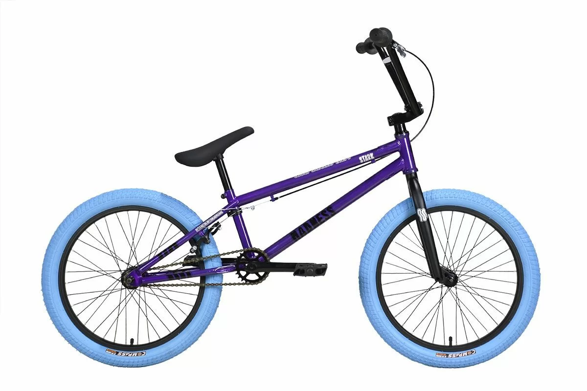 Реальное фото Велосипед Stark Madness BMX 4 (2024) серо-фиолетовый/черный/синий от магазина СпортСЕ