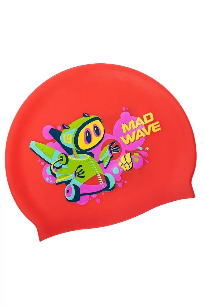 Реальное фото Шапочка для плавания Mad Wave Mad Bot юниорская Red M0579 15 0 05W от магазина СпортСЕ